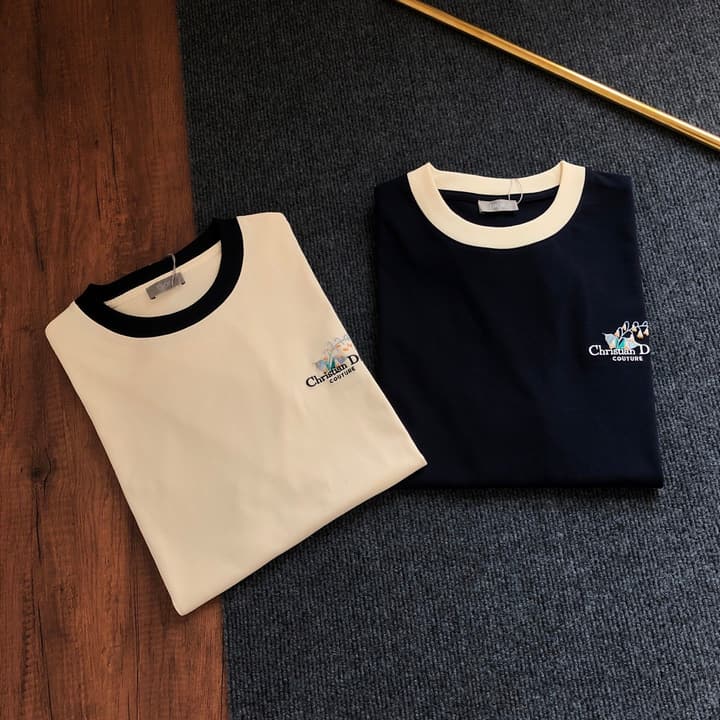 Dior Embroidered Logo T-Shirt – 2026SS in Apricot Ringer With Navy Collar
