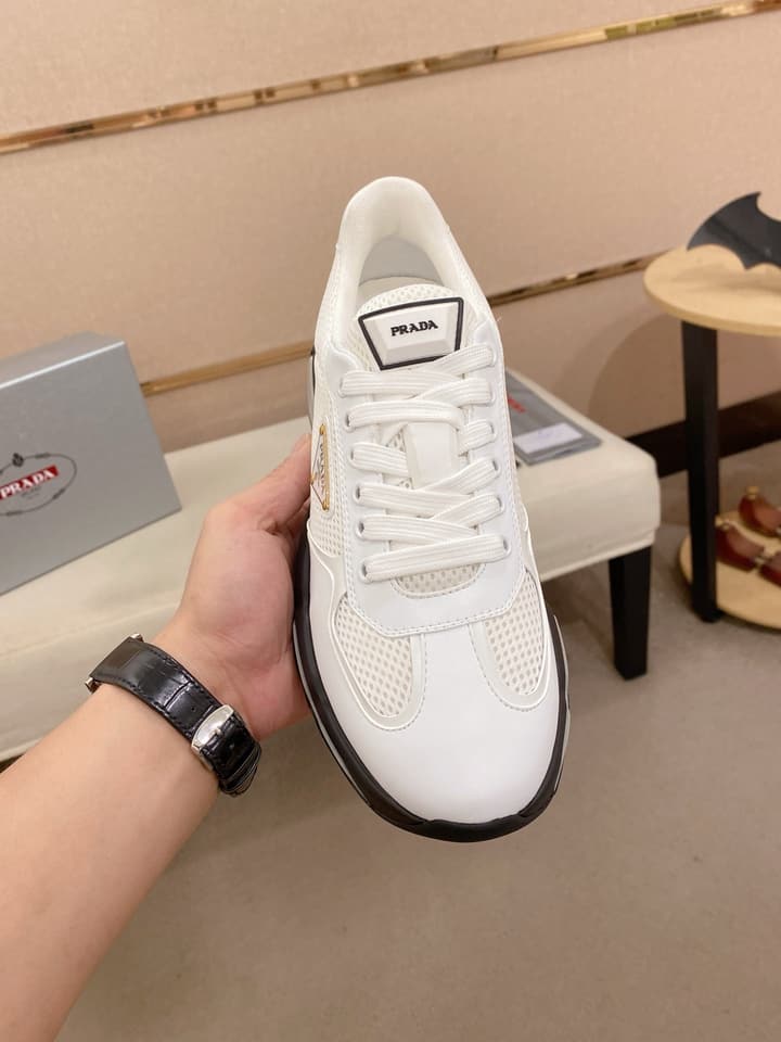 Prada Men's Leather Mesh Sneakers – New Collection in Light Grey With White Logo