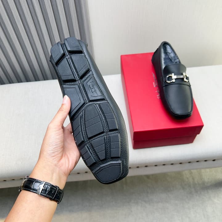 Ferragamo Imported Cowhide Fur-Lined Loafers in Black Patent Leather