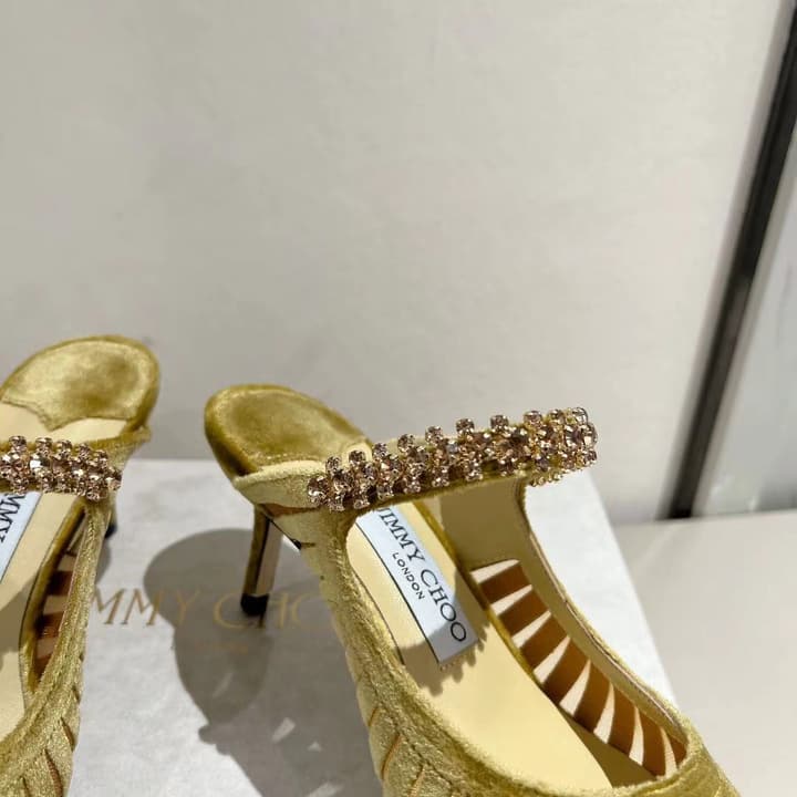 Jimmy Choo Pointed Toe Crystal Heeled Sandals – 2025 Collection in Black Suede