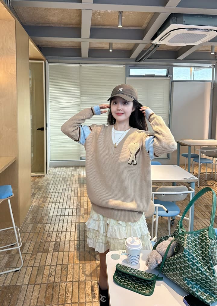 AMI Paris Classic Heart Logo V-Neck Knit Sweater in Khaki Brown With Striped Sleeves