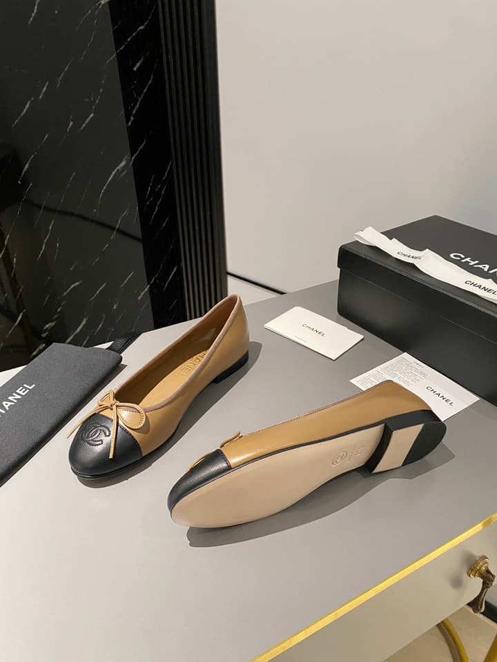 Chanel Classic Ballet Flats in Tan With Black Cap Toe