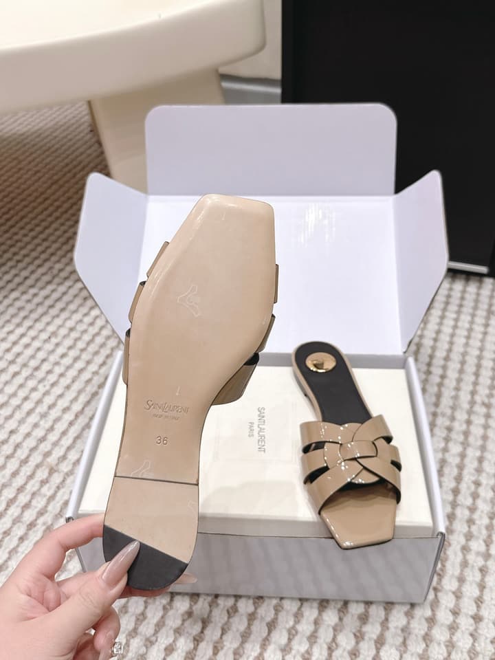 Saint Laurent Melody Square Toe Flat Sandals – 2026SS in Burgundy Patent