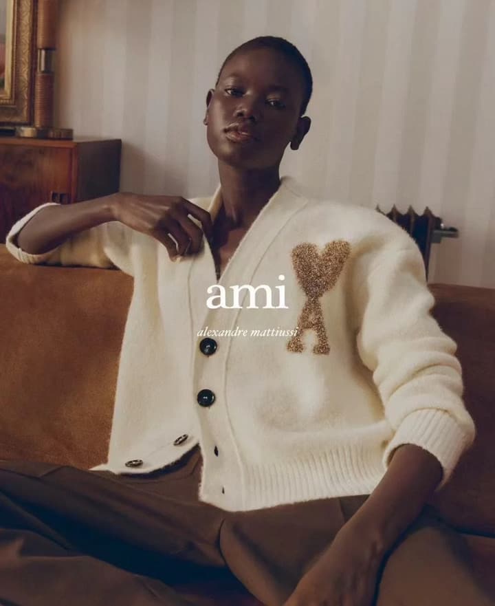 AMI Paris Holiday Limited Gold Heart Jacquard Cardigan – 24FW in Cream Gold Heart Cardigan