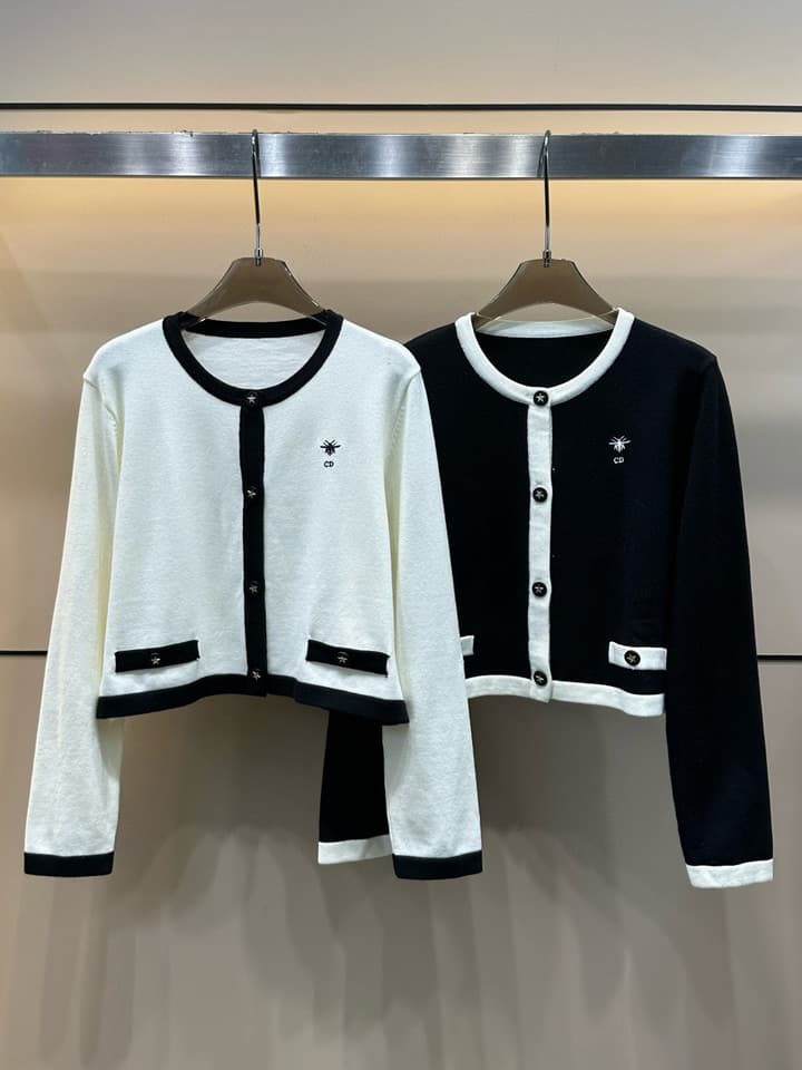 Dior CD Bee Embroidery Knit Cardigan in Black With White Trim
