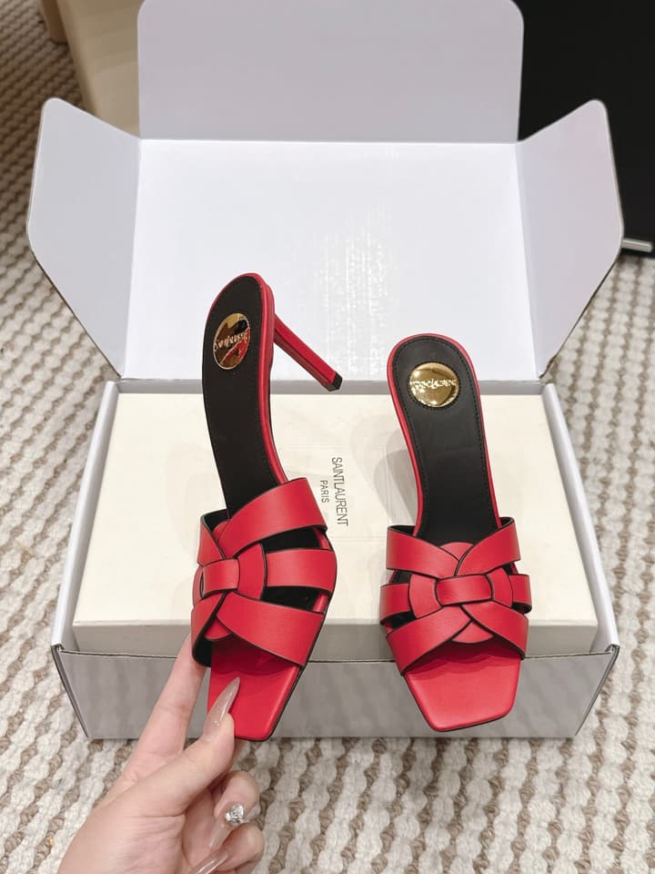 Saint Laurent Melody Square-Toe Heeled Sandals – 2026 Spring/Summer Collection in Beige Patent