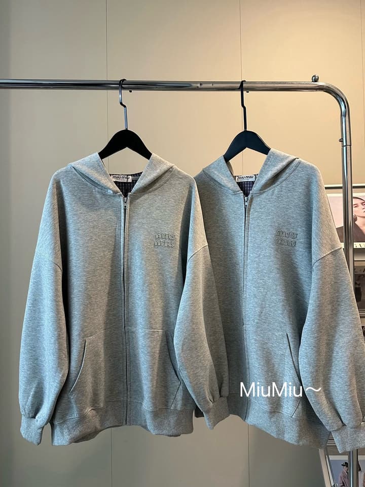 Miu Miu Heavy Patch Logo Plaid Hooded Zip Jacket