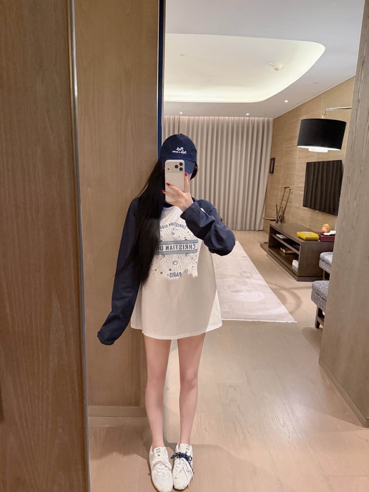 Dior Constellation Print Rhinestone Raglan T-Shirt in White With Navy Blue Sleeves