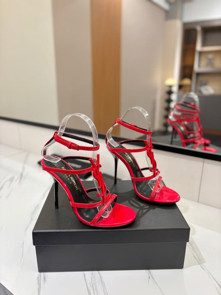 Saint Laurent YSL Logo Mirror Leather Heeled Sandals in Black With Black Logo