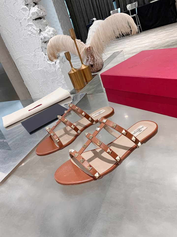 Valentino Studded Sheepskin Flat Sandals in Black