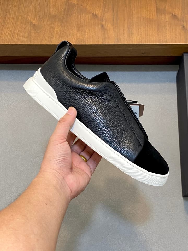 Ermenegildo Zegna Triple Stitch Sneakers in Black Leather With Brown Tag