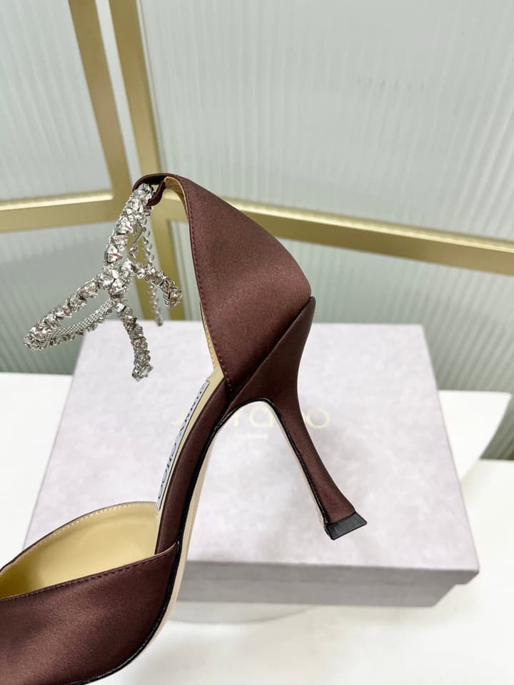 Jimmy Choo Stevie 100 Satin Bow Heels in Brown Satin