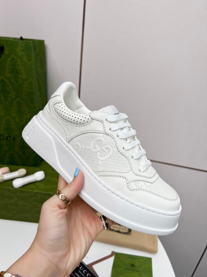 Gucci Chunky Lightweight Platform Sneakers in White Embossed Leather Sneaker