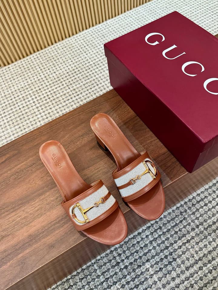 Gucci D-Horsebit Mule Sandals in Brown Gg Canvas