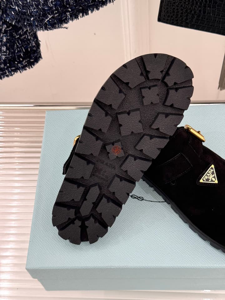 Prada Triangle Logo Birkenstock Slippers – Spring/Summer Collection in Black Suede