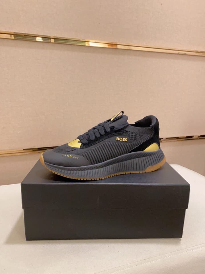 Boss Latest Casual Fly-Knit Sneakers in Black With Gold Accents