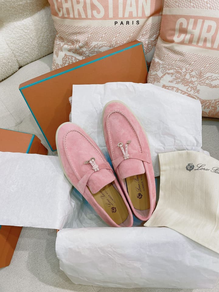 Loro Piana Glossy Cashmere Loafers in Blush Pink Suede
