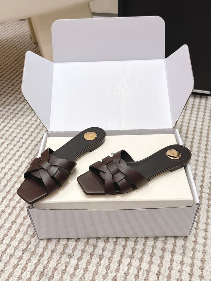 Saint Laurent Melody Square Toe Flat Sandals – 2026SS in Burgundy Patent