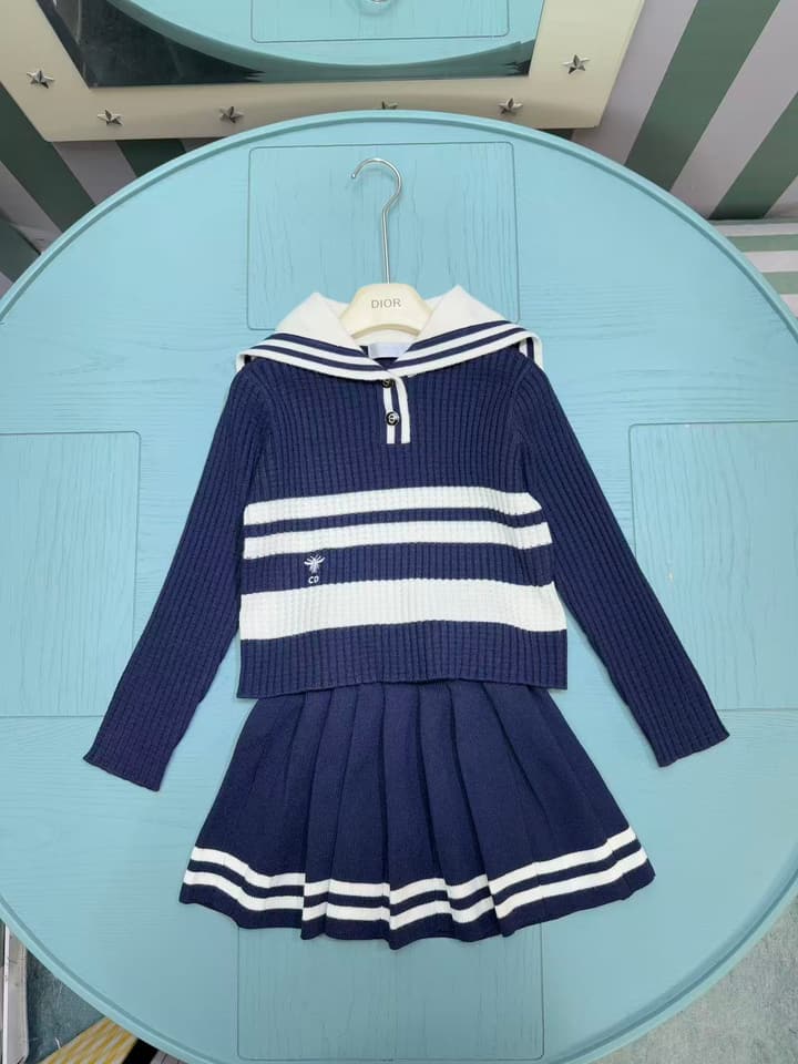 Dior Girls' Knit Cardigan and Skirt Set – 2025SS in Navy Blue With White Stripe