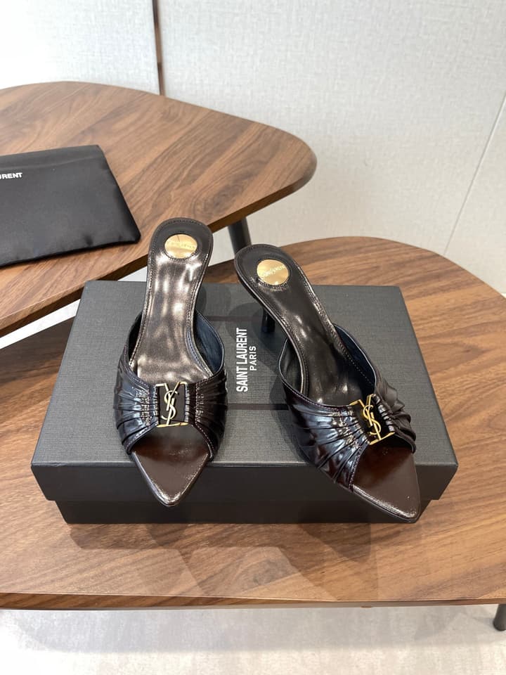 Saint Laurent Pointed Toe Stiletto Heeled Sandals – 26SS in Black - Gold Logo Plaque