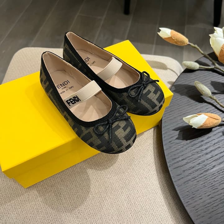 Fendi Girl's Double F Ballerina Flats – Kids Collection – 24SS in Black Monogram