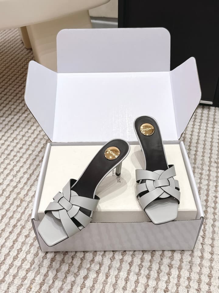 Saint Laurent Melody Square-Toe Heeled Sandals – 2026 Spring/Summer Collection in Beige Patent