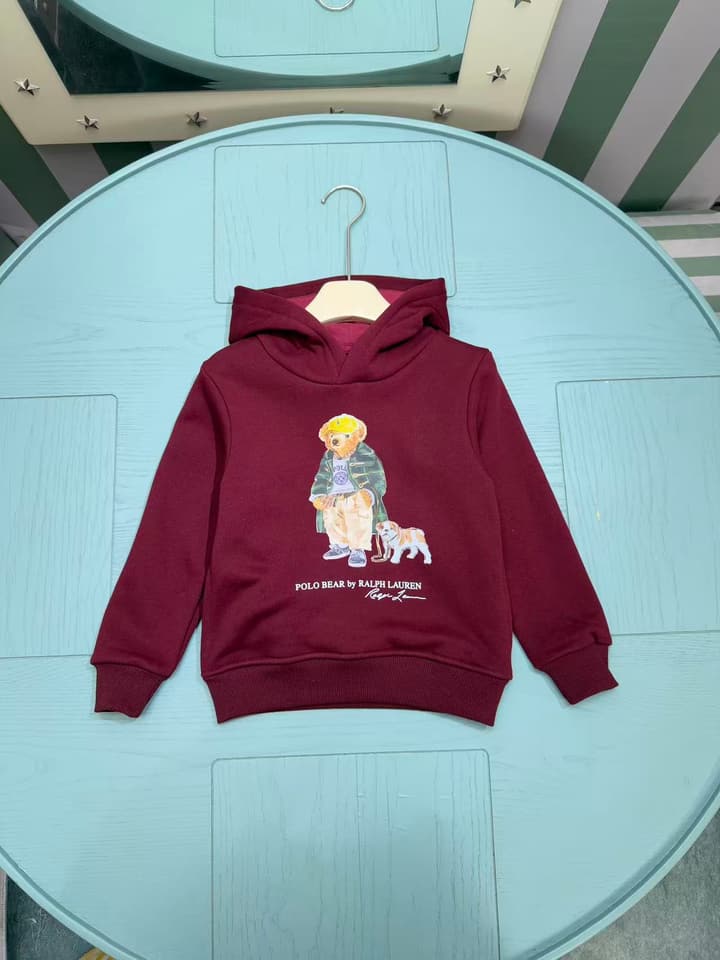 Ralph Lauren Inspired Kids Hooded Sweatshirt – 2025FW – Kids Collection in Burgundy Bear Graphic
