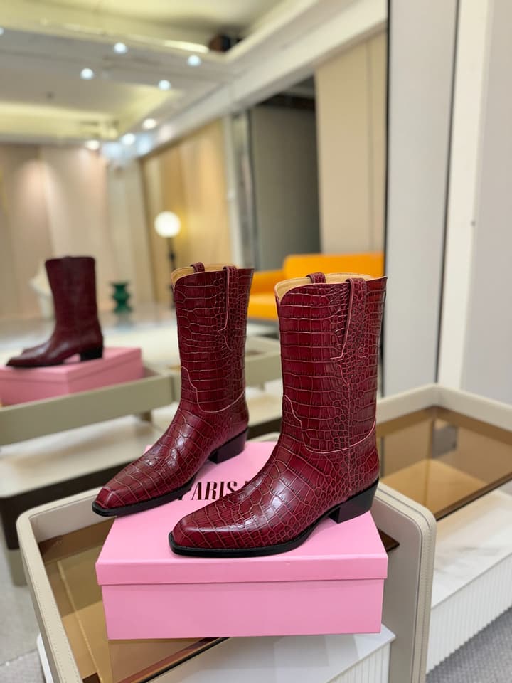 Paris Texas Crocodile Embossed Western Ankle Boots in Chocolate Croc