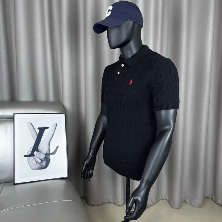 Ralph Lauren Classic Cable Knit Polo Sweater in Black