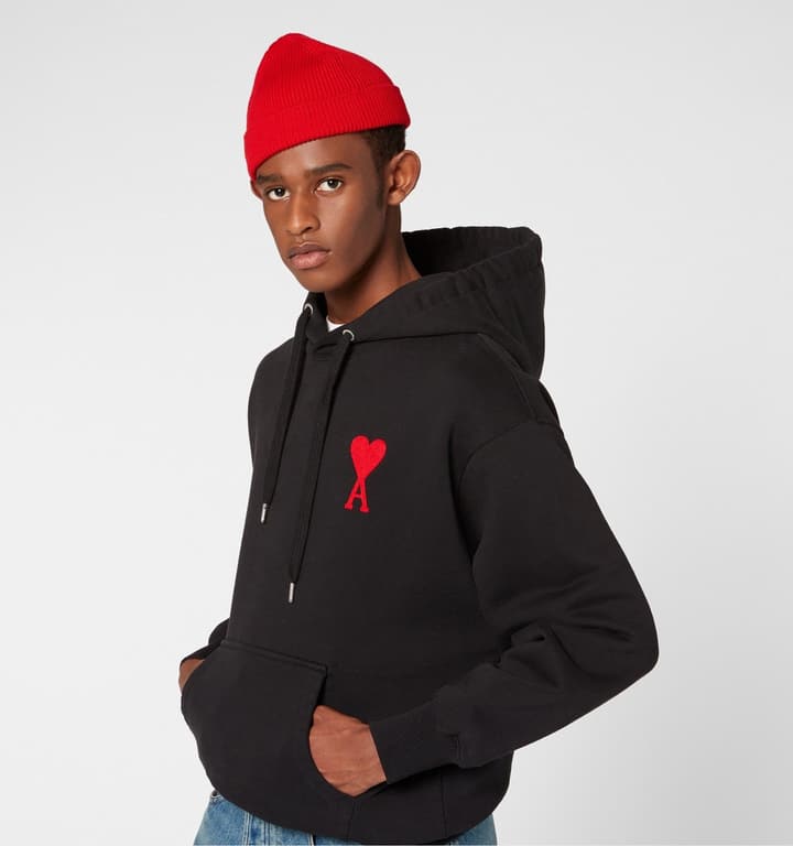 Ami Paris Ami De Coeur Heart Embroidery Hoodie in Beige