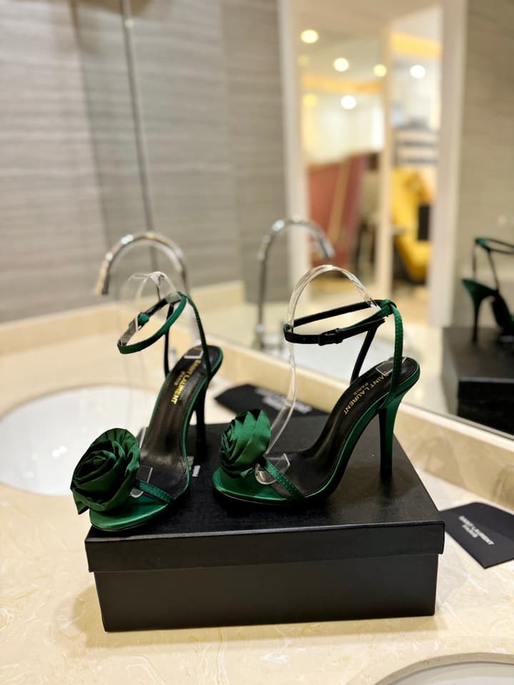 Saint Laurent YSL Flower Buckle Heeled Sandals in Black