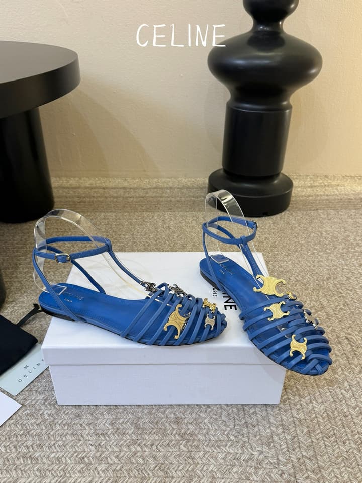 Celine Triomphe Ankle Strap Sandals – Spring/Summer Collection in Black - Large Logo Flats