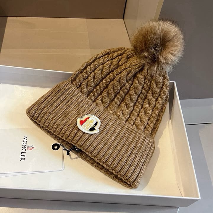 Moncler Knitted Scarf Hat Set in Camel Knit