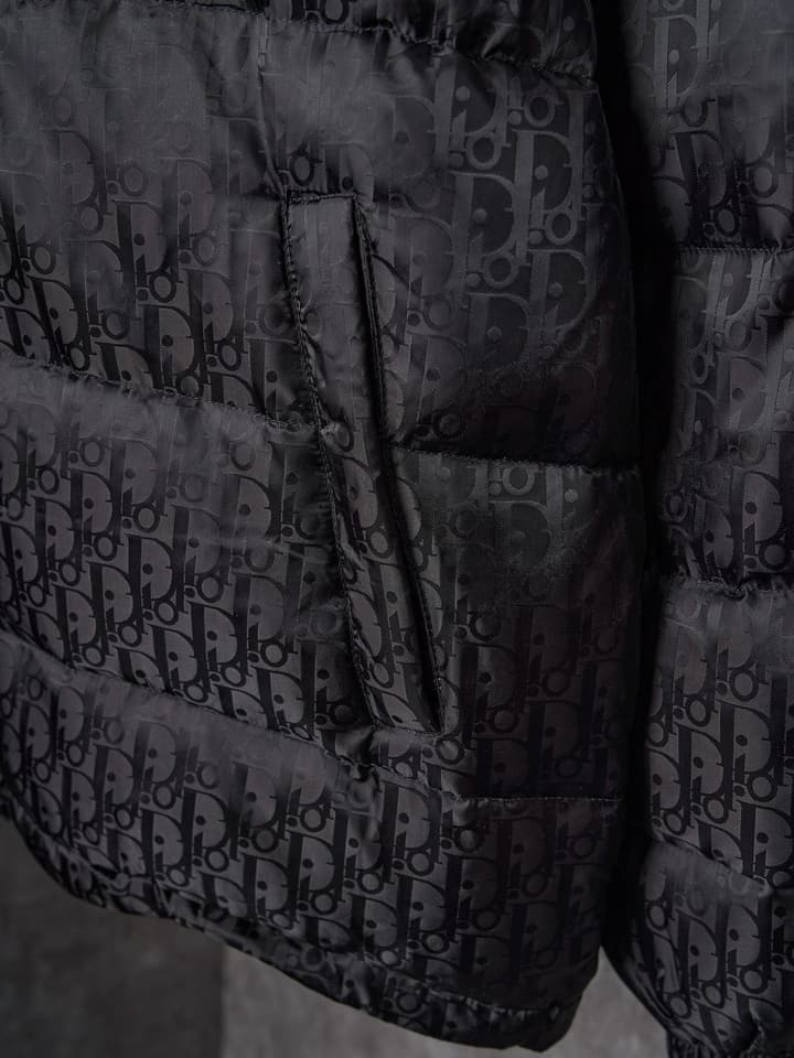 Dior Full Print Jacquard Stand Collar Puffer Jacket in Dark Gray Puffer Jacket