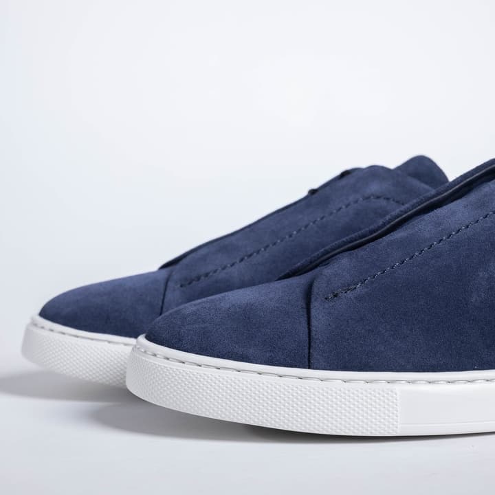 Zegna SECONDSKIN Triple Stitch Low-Top Sneakers in Navy Smooth Leather