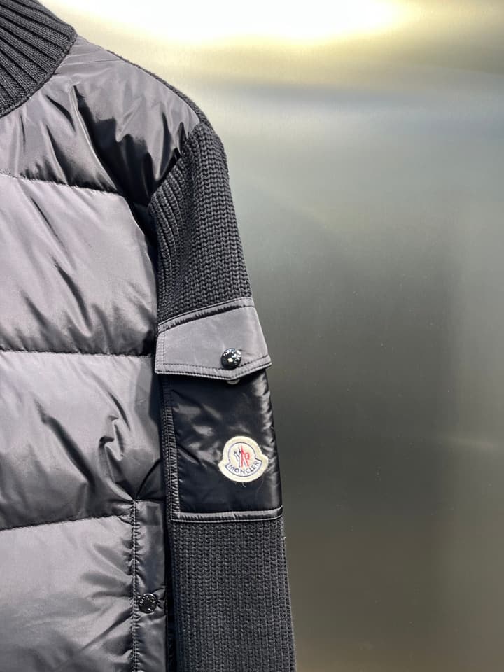 Moncler Knitted Patchwork Stand-Collar Jacket in Dark Brown