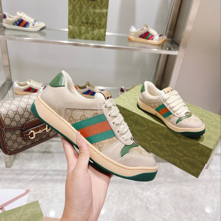 Gucci First Generation Distressed Leather Sneakers in Beige Distressed With Web Stripe