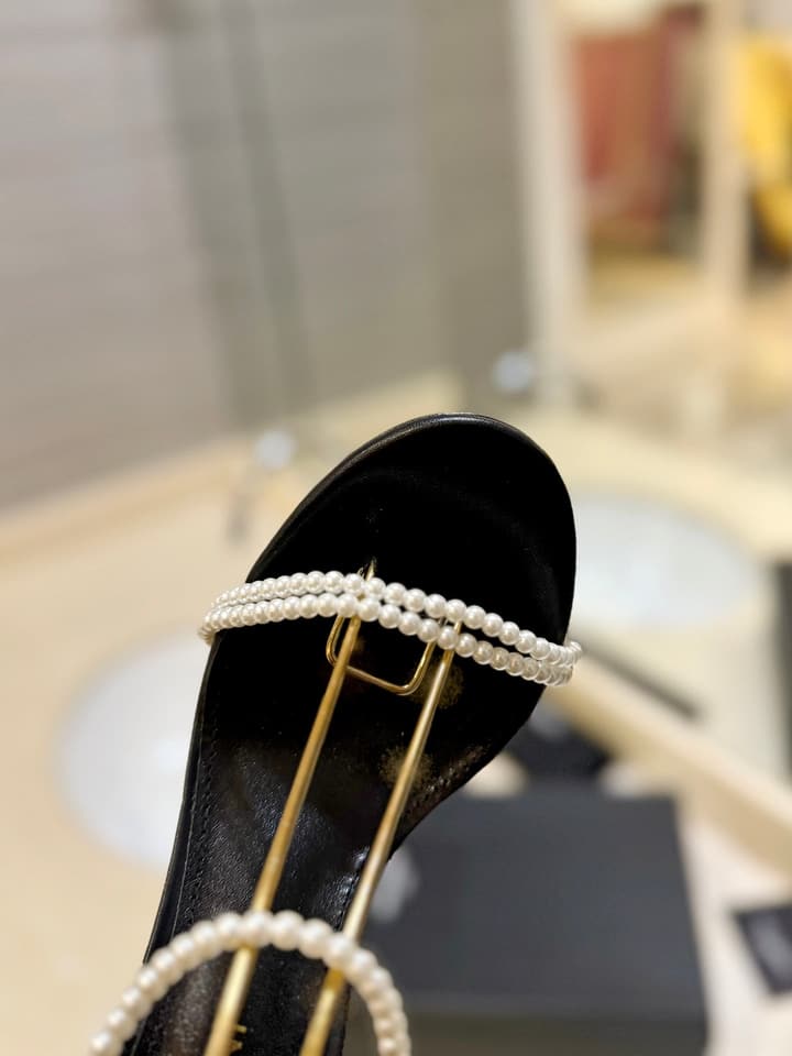 Saint Laurent YSL Pearl Strappy Heeled Sandals in All Black
