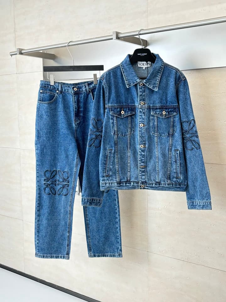 Loewe Embroidered Washed Distressed Denim Jacket in Washed Black