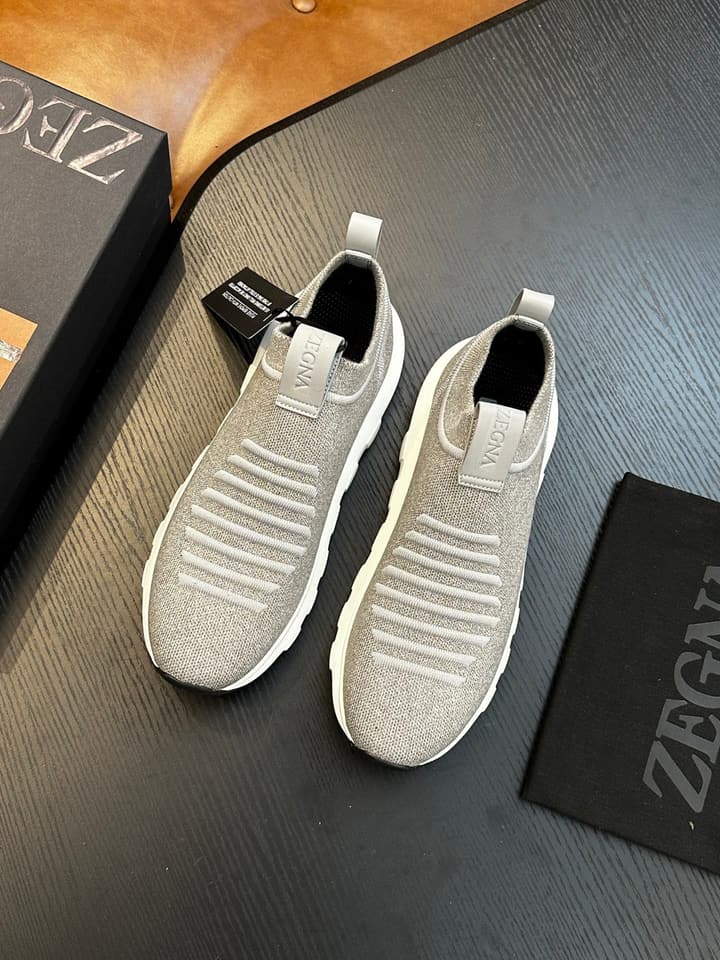 Zegna Techmerino Slip-On Sneakers in Dark Navy With Green Accent
