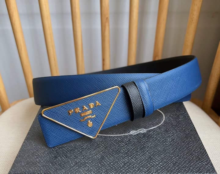 Prada Triangle Logo Buckle Belt in Black Textured Leather With Black Buckle