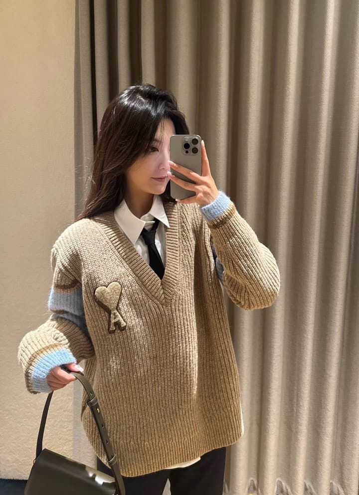 AMI Paris Warm Khaki V-Neck Sweater in Warm Khaki With Blue Color Block Sleeves