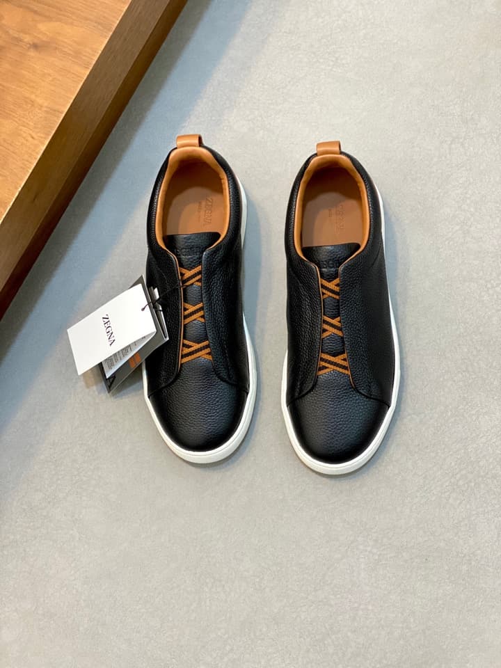 Ermenegildo Zegna Triple Stitch Sneakers in Black Leather With Brown Tag