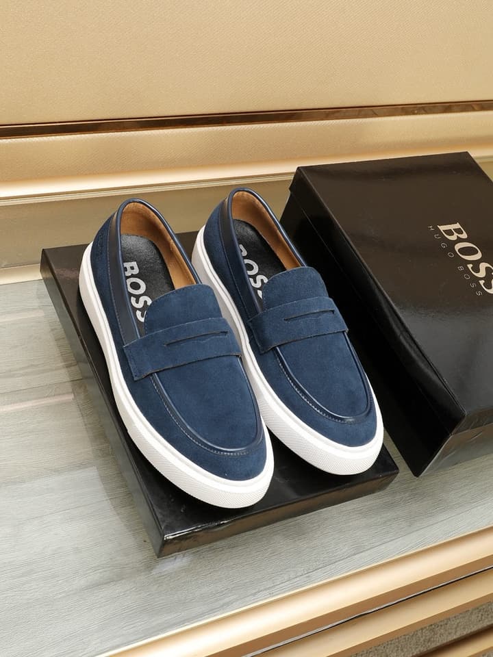 Boss Men's Luxury Leather Slip-On Loafers in Black Smooth Leather