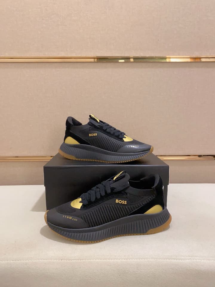 Boss Latest Casual Fly-Knit Sneakers in Black With Gold Accents