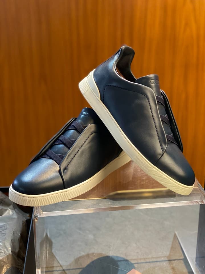 Zegna Triple Stitch Leather Sneakers in Black Smooth Leather