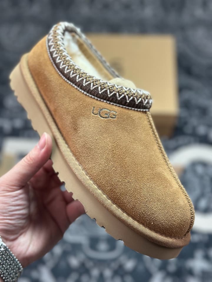 UGG Tazz Thin Sole Sheepskin Snow Boots in Black With White Patterned Trim