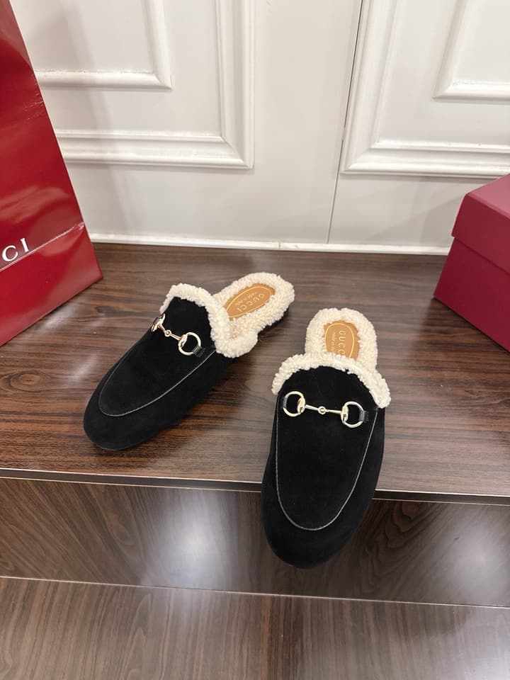 Gucci Princetown Merino Wool Mules in Black Suede With Silver Hardware