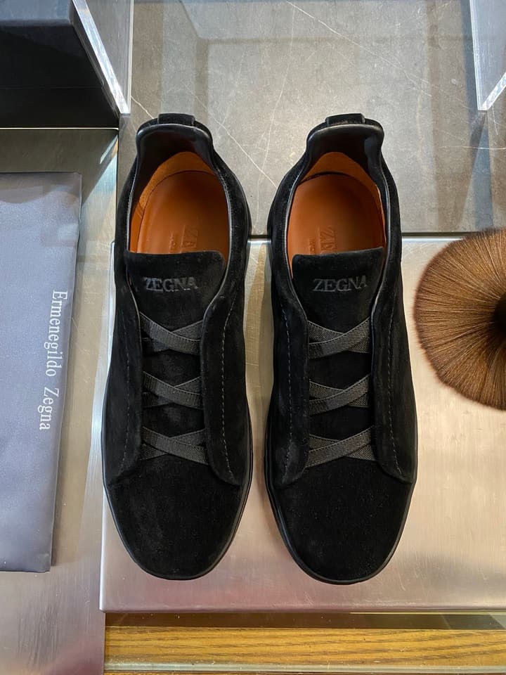 Zegna Triple Stitch Leather Sneakers in Black Smooth Leather