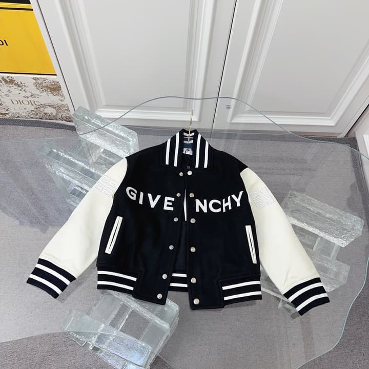Givenchy Kids Patchwork Leather Bomber Jacket – Kids Collection in Black And White Varsity Jacket